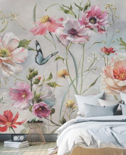 Vintage Botanical Wall Mural with Butterfly Vintage Botanical Wall Mural with Butterfly