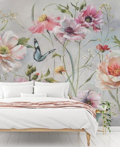 Mural de pared botánico vintage con mariposa