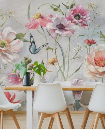 Vintage Botanical Wall Mural with Butterfly