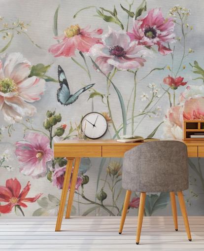 Vintage Botanical Wall Mural with Butterfly