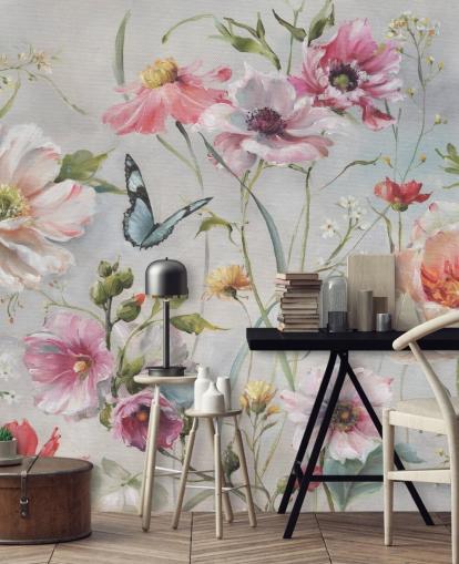Vintage Botanical Wall Mural with Butterfly