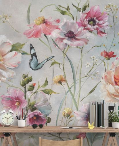 Decorazione murale vintage botanica con farfalla