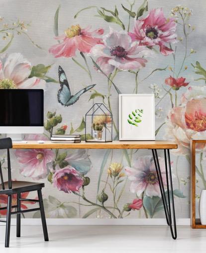 Mural de pared botánico vintage con mariposa