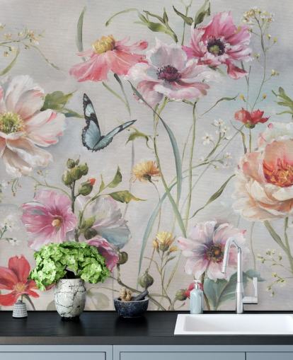 Mural de pared botánico vintage con mariposa Mural de pared botánico vintage con mariposa