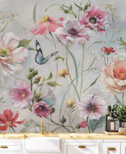 Vintage botanisk veggmaleri med sommerfugl
