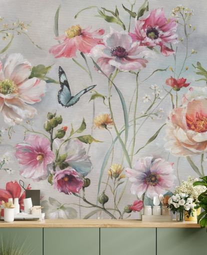 Mural de pared botánico vintage con mariposa