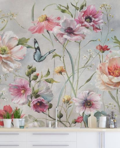 Vintage Botanical Wall Mural with Butterfly