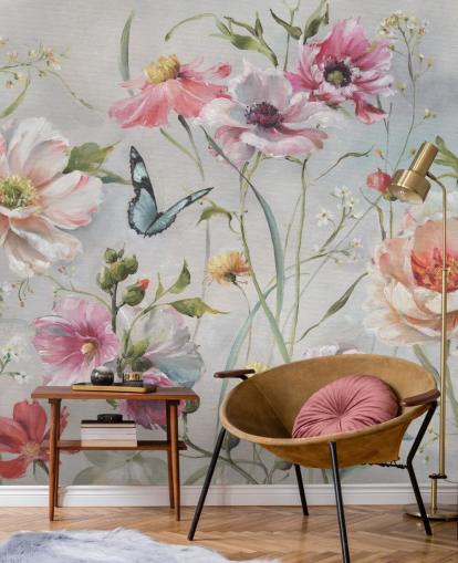 Mural de pared botánico vintage con mariposa