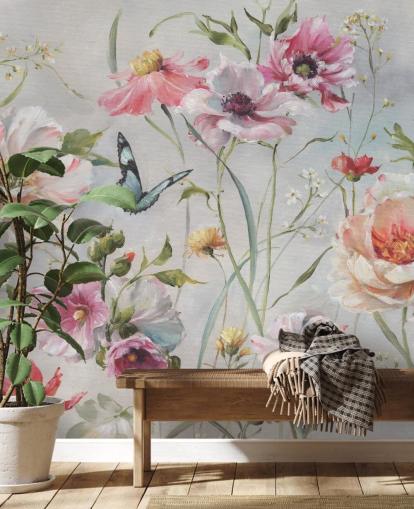 Vintage botanische muurschildering met vlinder