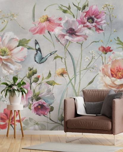 Mural de pared botánico vintage con mariposa