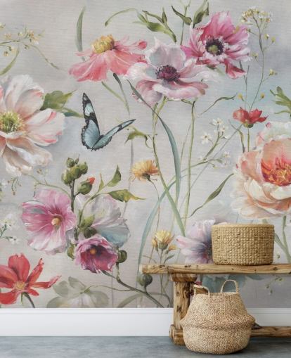 Mural de pared botánico vintage con mariposa Mural de pared botánico vintage con mariposa