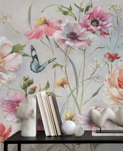 Mural de pared botánico vintage con mariposa