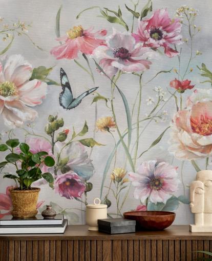 Mural de parede botânico vintage com borboleta