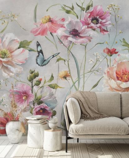 Mural de pared botánico vintage con mariposa