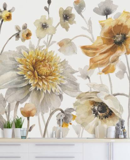geelgouden botanische muurschildering
