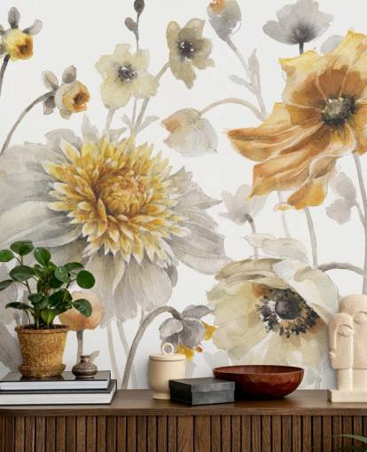 mural de pared botánico de oro amarillo