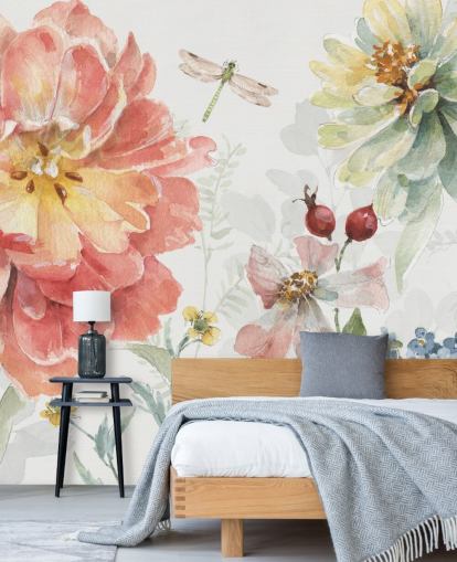 kleurrijke bloemenmuurschildering met libelle