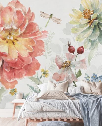 colourful floral mural with dragonfly