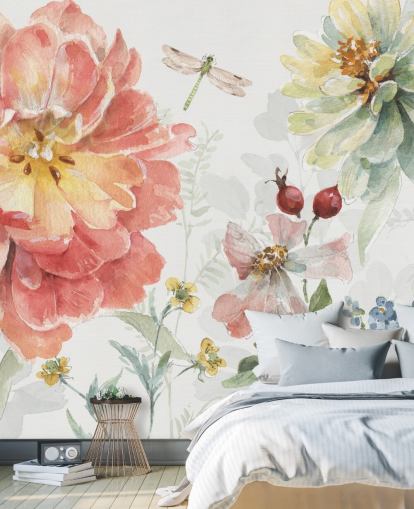 peinture murale florale colorée avec libellule