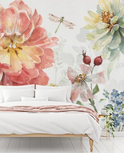 färgglad blommig väggmålning med trollslända