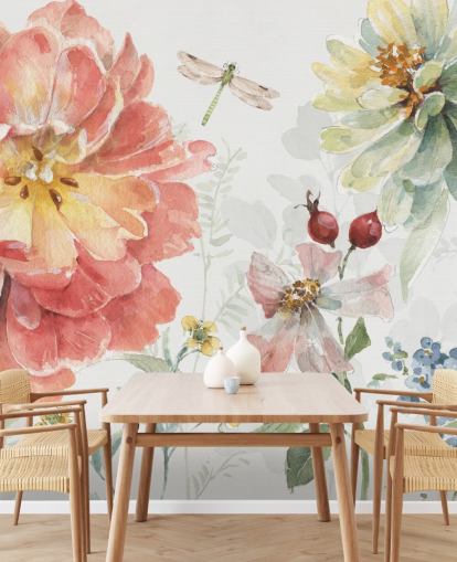 colorful floral mural with dragonfly