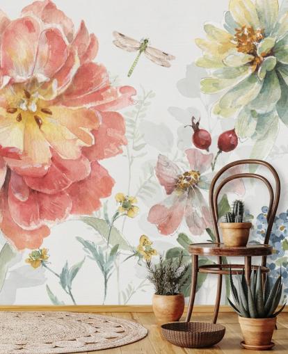 colorful floral mural with dragonfly