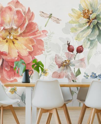 colorful floral mural with dragonfly