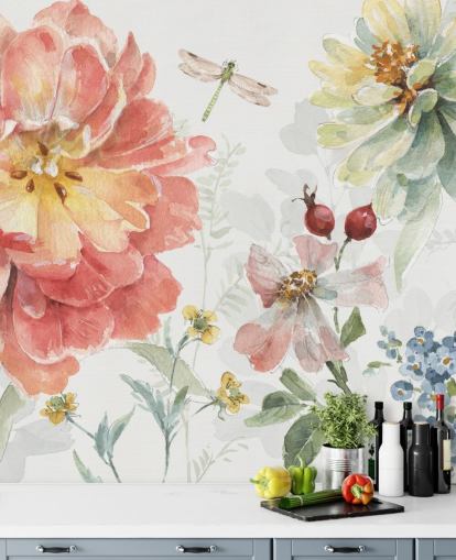 colorful floral mural with dragonfly