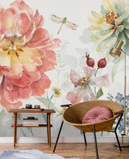 colourful floral mural with dragonfly