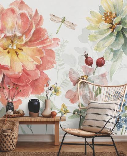 colorful floral mural with dragonfly