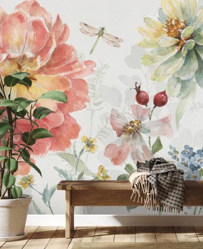 peinture murale florale colorée avec libellule peinture murale florale colorée avec libellule