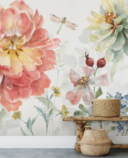 colourful floral mural with dragonfly