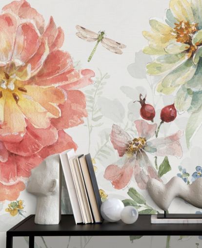 peinture murale florale colorée avec libellule