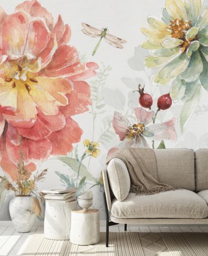 colourful floral mural with dragonfly