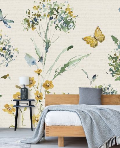 mural de pared floral colorido con libélula y mariposa mural de pared floral colorido con libélula y mariposa