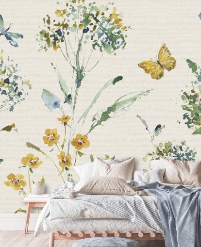 colourful floral wall mural with dragonfly and butterfly