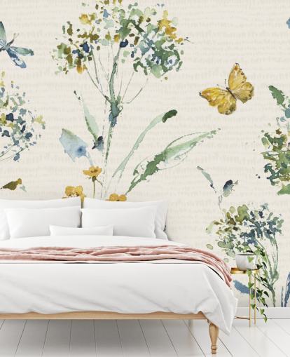 kleurrijke bloemenmuurschildering met libelle en vlinder kleurrijke bloemenmuurschildering met libelle en vlinder