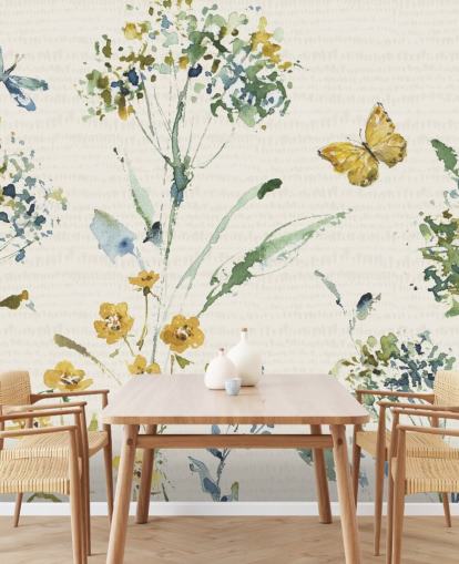 fresque murale florale colorée avec libellule et papillon