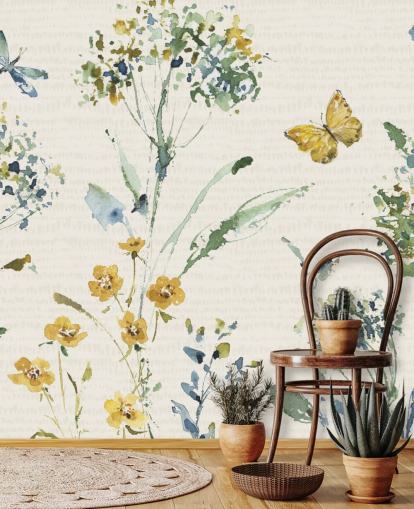 mural de pared floral colorido con libélula y mariposa