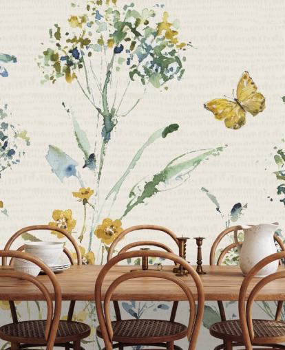 mural de pared floral colorido con libélula y mariposa