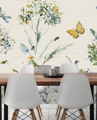 mural de parede floral colorido com libélula e borboleta