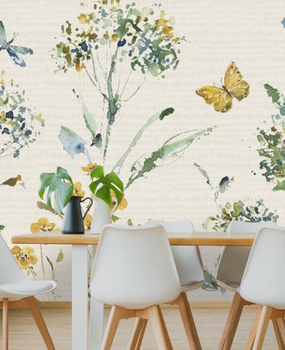 fargerikt blomsterveggmaleri med øyenstikker og sommerfugl