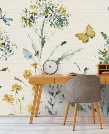 mural de parede floral colorido com libélula e borboleta