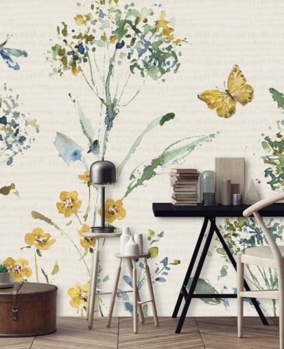 mural de pared floral colorido con libélula y mariposa