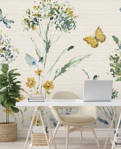 fresque murale florale colorée avec libellule et papillon