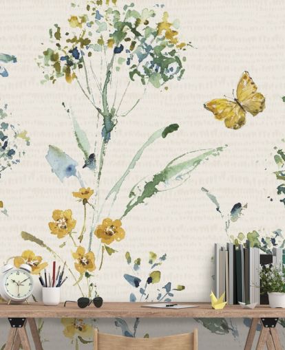mural de parede floral colorido com libélula e borboleta