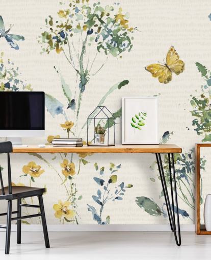 kleurrijke bloemenmuurschildering met libelle en vlinder kleurrijke bloemenmuurschildering met libelle en vlinder