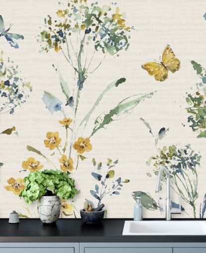 färgglad blommig väggmålning med trollslända och fjäril färgglad blommig väggmålning med trollslända och fjäril