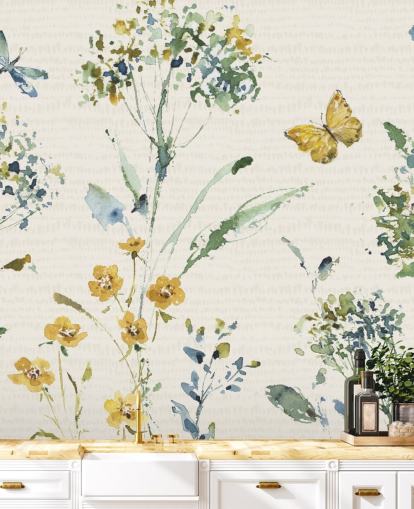 colorful floral wall mural with dragonfly and butterfly