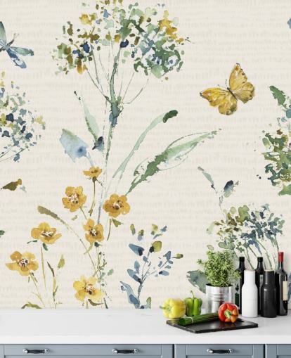 colorful floral wall mural with dragonfly and butterfly